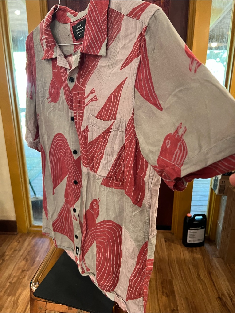 Neuw Taupe Shirt with Red Graphic Print Button-Down - Picture 5 of 6